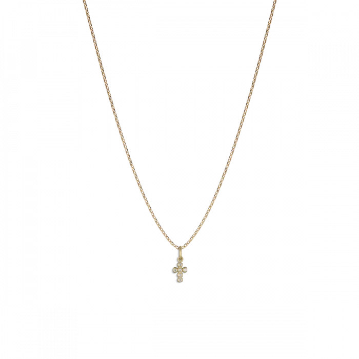 Small ball cross in 14 karat gold with 6 brilliant-cut diamonds.
