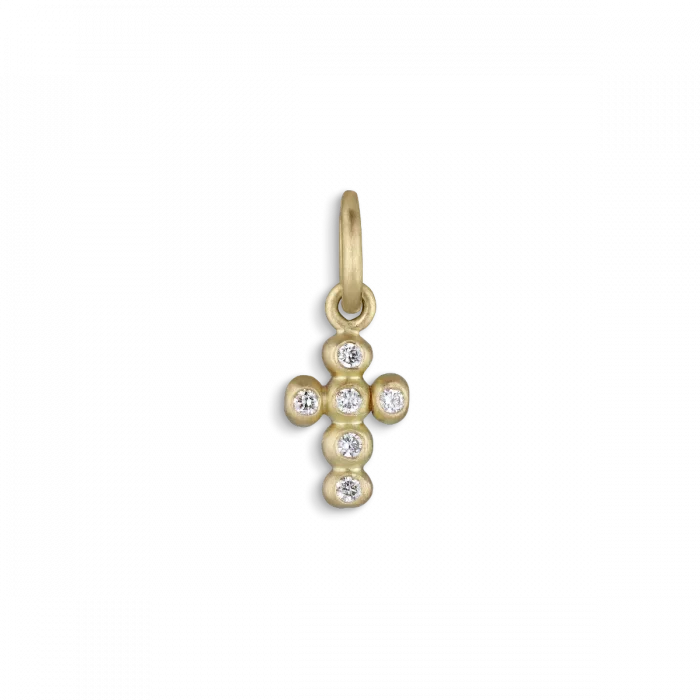 Small ball cross in 14 karat gold with 6 brilliant-cut diamonds.
